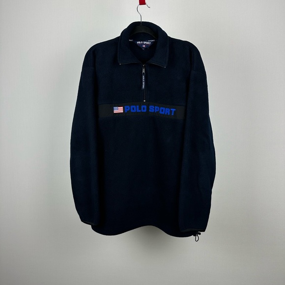 Vintage Polo Sport Ralph Lauren 1/4 Zip Fleece Big Logo USA Flag Size XL Navy - Picture 5 of 10